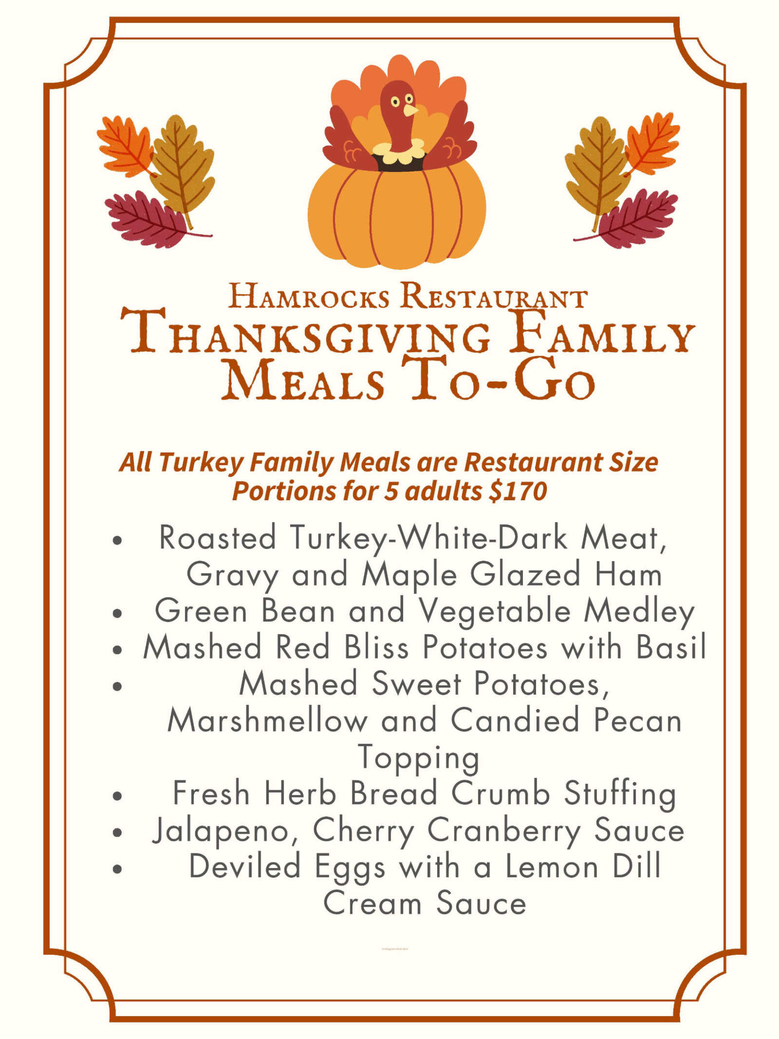 Thanksgiving 2024 Family Meals ToGo Hamrock's Restaurant